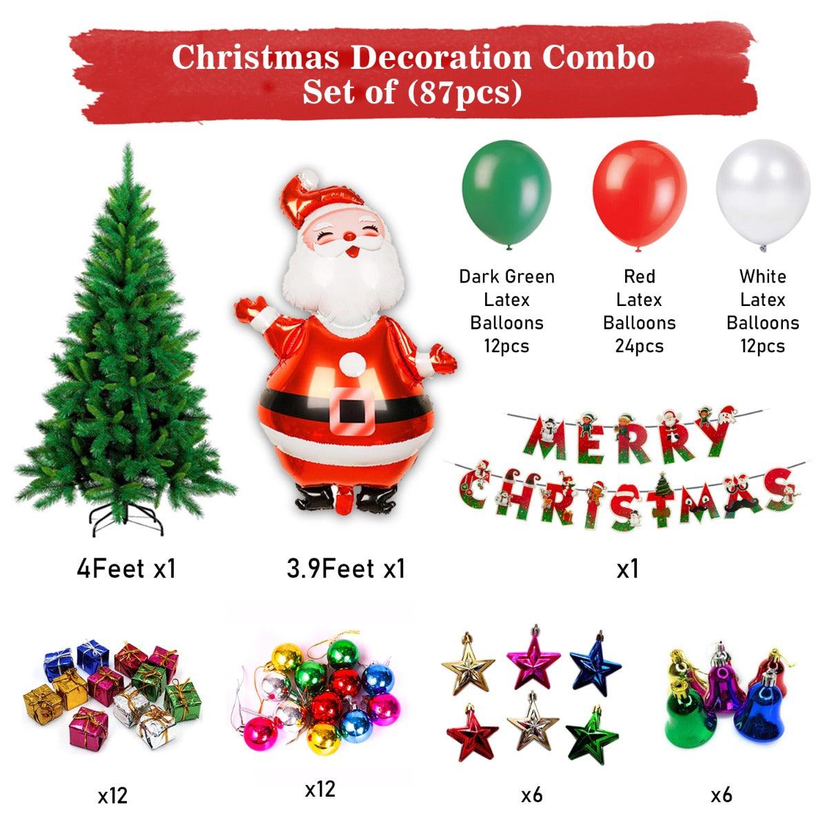 PartyCorp Merry Christmas Decoration Kit Combo 87 Pcs - Dark Green, Red, White Latex Balloons, Merry Christmas Printed Banner, Santa Foil Balloon, Christmas Tree 4 feet, 4 types of danglers (Stars, Bells, Balls, Gift boxes)
