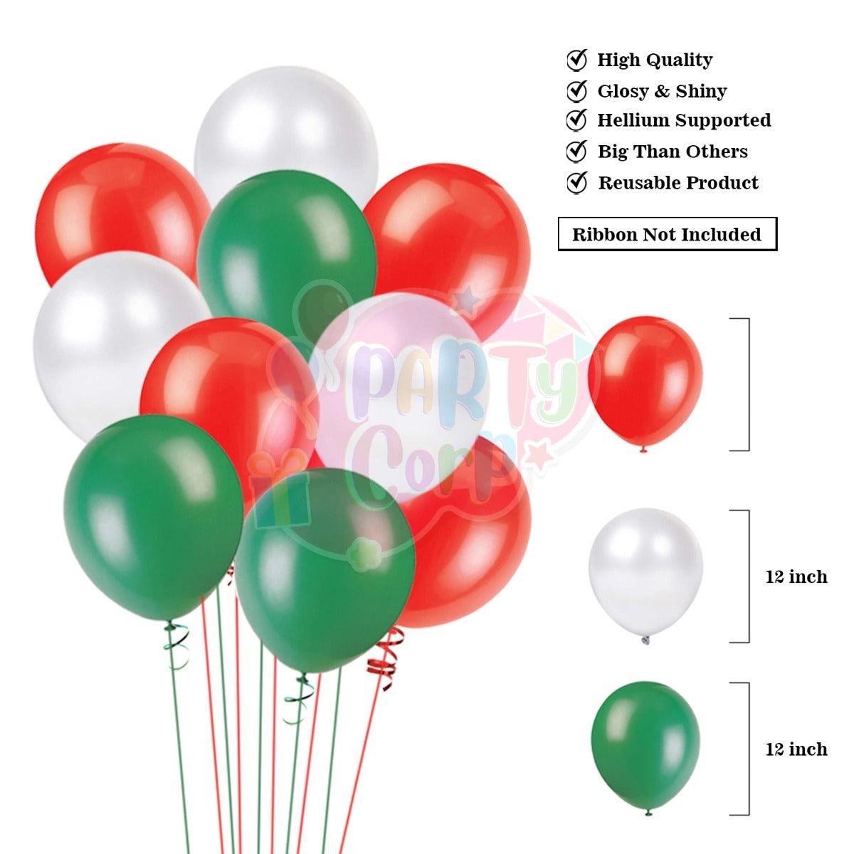 PartyCorp Merry Christmas Decoration Kit Combo 87 Pcs - Dark Green, Red, White Latex Balloons, Merry Christmas Printed Banner, Santa Foil Balloon, Christmas Tree 4 feet, 4 types of danglers (Stars, Bells, Balls, Gift boxes)