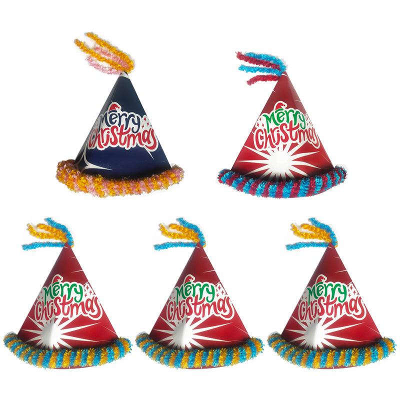 PartyCorp Multi-colour Merry Christmas Printed Paper Cap Hat, Pack Of 5
