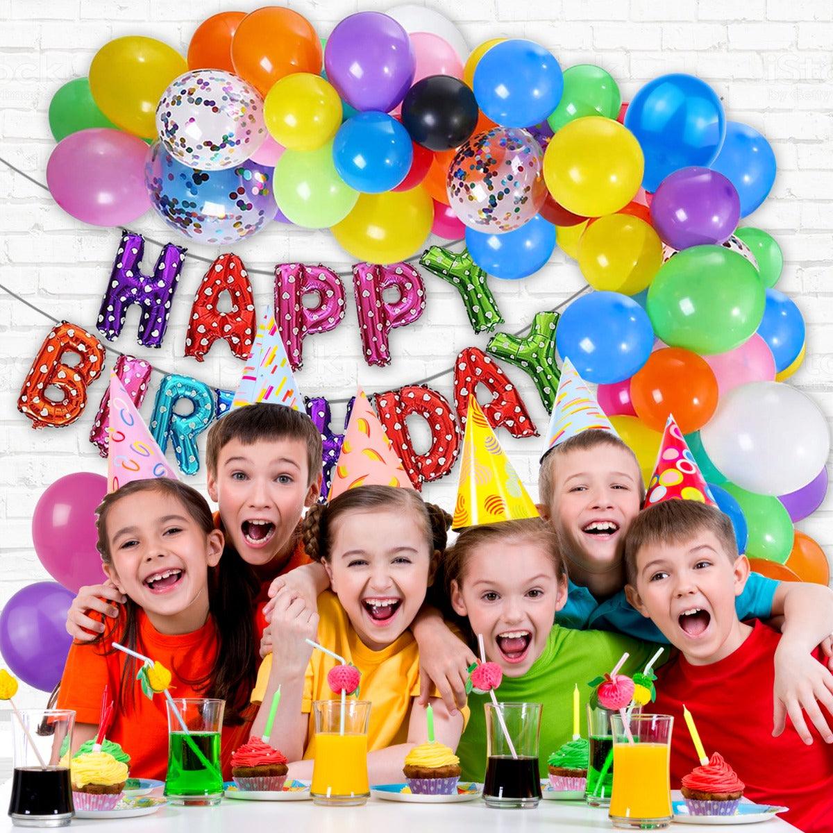 PartyCorp Multi-colour Rainbow Happy Birthday Decoration Kit Combo 80 Pcs - Black, White, Orange, Blue, Green, Red, Yellow, Purple, Pink & Multicolour Confetti, Multicolour Happy Birthday Banner
