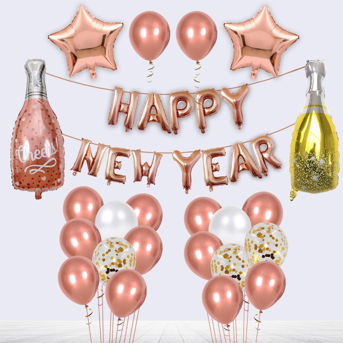 PartyCorp New Year Decoration Kit Combo 24 Pcs - Rose Gold, White, Confetti Chrome Balloon, Rose Gold HNY Foil Banner,(Rose Gold Star, Wine and Champagne Bottle) Foils