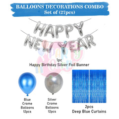 PartyCorp New Year Decoration Kit Combo 27 Pcs - Silver, Blue Chrome Balloon, Silver Happy New Year Foil Banner, Blue Foil Curtain