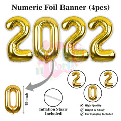 PartyCorp New Year Decoration Kit Combo 29 Pcs - Gold, Rose Gold, White, Gold Confetti Chrome Balloon, Gold HNY Banner, Gold Tassels, (Gold Star,2022 Digit,Wine,Champagne Bottle) Foils