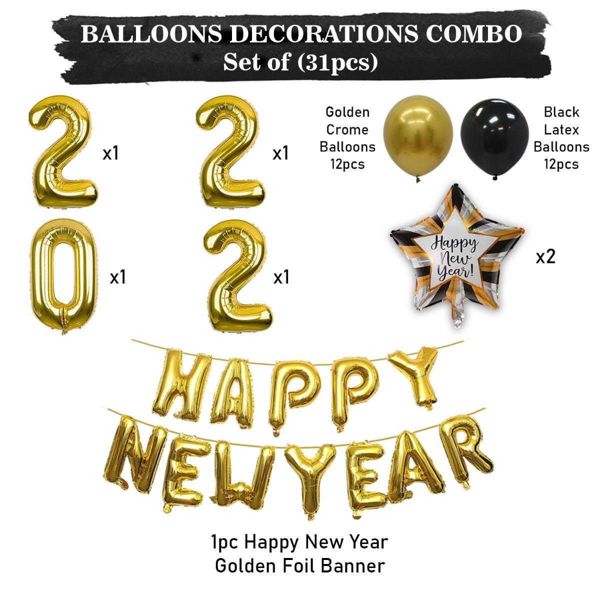 PartyCorp New Year Decoration Kit Combo 31 Pcs - Gold Chrome, Black Latex Balloon, Gold HNY Banner, Happy New Year Star, 2022 Digit Foil Balloons