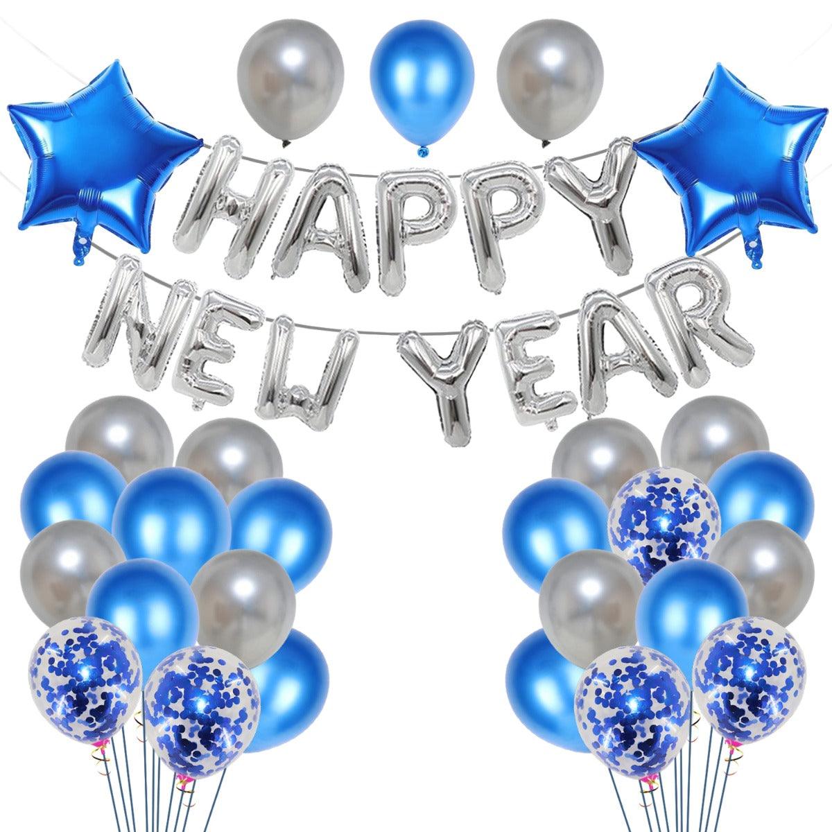 PartyCorp New Year Decoration Kit Combo 32 Pcs - Silver, Blue Chrome Balloon, Blue Confetti, Silver Happy New Year Foil Banner, Blue Star Foil Balloon