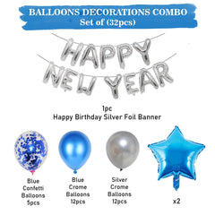 PartyCorp New Year Decoration Kit Combo 32 Pcs - Silver, Blue Chrome Balloon, Blue Confetti, Silver Happy New Year Foil Banner, Blue Star Foil Balloon