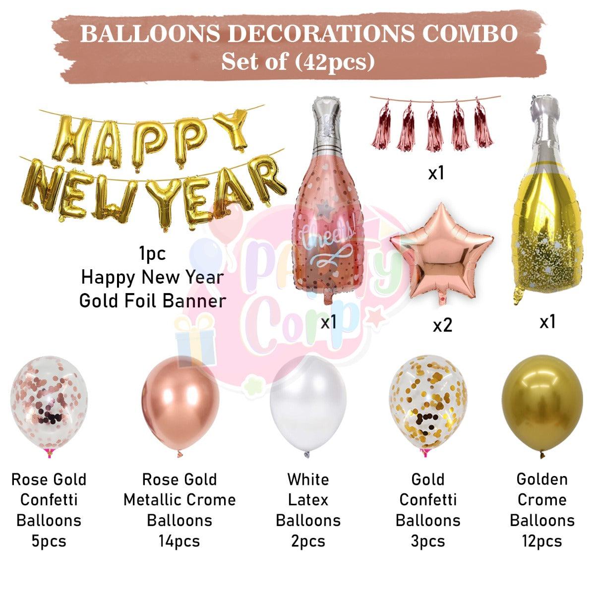 PartyCorp New Year Decoration Kit Combo 42 Pcs - Rose Gold, Gold, White Chrome, Confetti Balloon, Gold HNY Banner, Tassel, (Rose Gold Star, Wine and Champagne Bottle) Foils