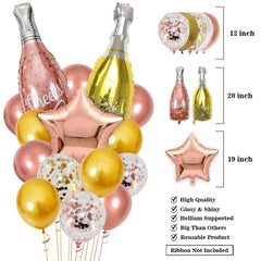 PartyCorp New Year Decoration Kit Combo 42 Pcs - Rose Gold, Gold, White Chrome, Confetti Balloon, Gold HNY Banner, Tassel, (Rose Gold Star, Wine and Champagne Bottle) Foils