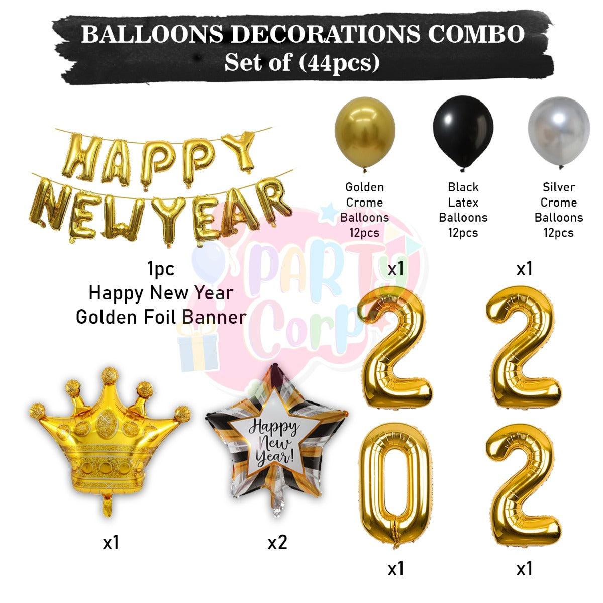 PartyCorp New Year Decoration Kit Combo 44 Pcs - Gold, Silver Chrome Balloons, Black Latex Balloon, Gold Happy New Year Foil Banner, Gold Crown, Happy New Year Star, 2022 Digit Foil Balloons