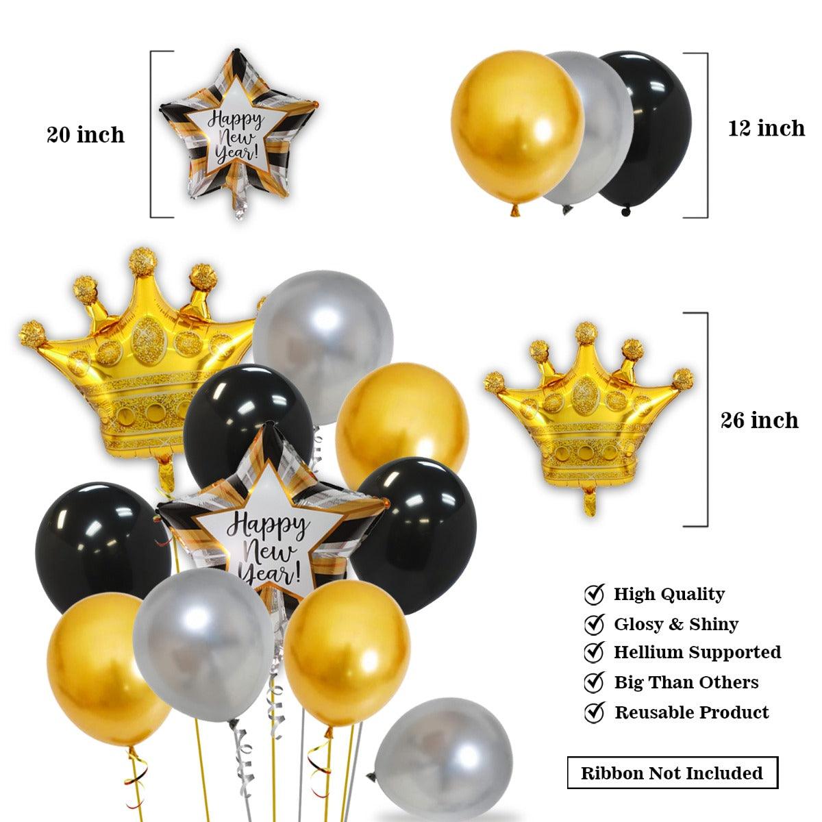 PartyCorp New Year Decoration Kit Combo 44 Pcs - Gold, Silver Chrome Balloons, Black Latex Balloon, Gold Happy New Year Foil Banner, Gold Crown, Happy New Year Star, 2022 Digit Foil Balloons