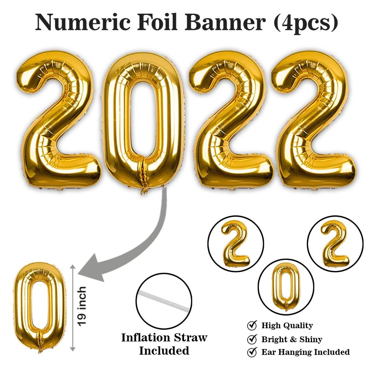 PartyCorp New Year Decoration Kit Combo 44 Pcs - Gold, Silver Chrome Balloons, Black Latex Balloon, Gold Happy New Year Foil Banner, Gold Crown, Happy New Year Star, 2022 Digit Foil Balloons