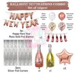PartyCorp New Year Decoration Kit Combo 45 Pcs - Rose Gold, White, Gold, Confetti Chrome Balloon, Rose Gold HNY Foil Banner, Silver Curtain, Tassels, (Rose Gold Star, Wine and Champagne Bottle) Foils
