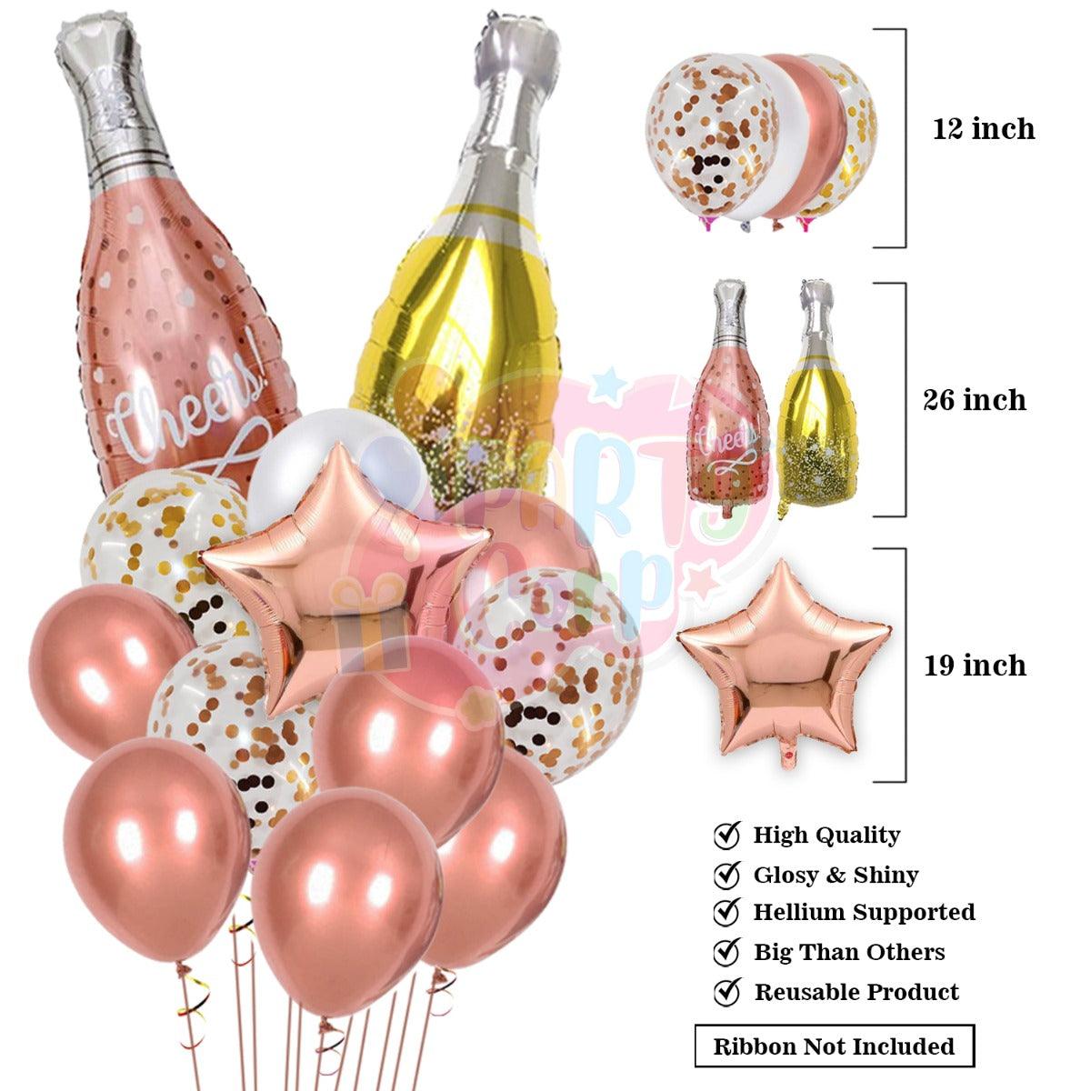PartyCorp New Year Decoration Kit Combo 45 Pcs - Rose Gold, White, Gold, Confetti Chrome Balloon, Rose Gold HNY Foil Banner, Silver Curtain, Tassels, (Rose Gold Star, Wine and Champagne Bottle) Foils
