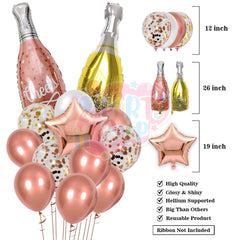 PartyCorp New Year Decoration Kit Combo 45 Pcs - Rose Gold, White, Gold, Confetti Chrome Balloon, Rose Gold HNY Foil Banner, Silver Curtain, Tassels, (Rose Gold Star, Wine and Champagne Bottle) Foils