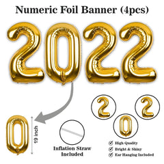PartyCorp New Year Decoration Kit Combo 46 Pcs - Gold,Silver Chrome Balloons,Black Latex Balloon, Black Square Curtain, Gold Happy New Year Banner, Gold Crown, Happy New Year Star, 2022 Foil Balloons