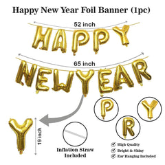 PartyCorp New Year Decoration Kit Combo 46 Pcs - Gold,Silver Chrome Balloons,Black Latex Balloon, Black Square Curtain, Gold Happy New Year Banner, Gold Crown, Happy New Year Star, 2022 Foil Balloons