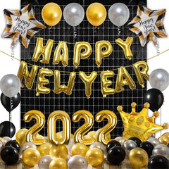 PartyCorp New Year Decoration Kit Combo 46 Pcs - Gold,Silver Chrome Balloons,Black Latex Balloon, Black Square Curtain, Gold Happy New Year Banner, Gold Crown, Happy New Year Star, 2022 Foil Balloons