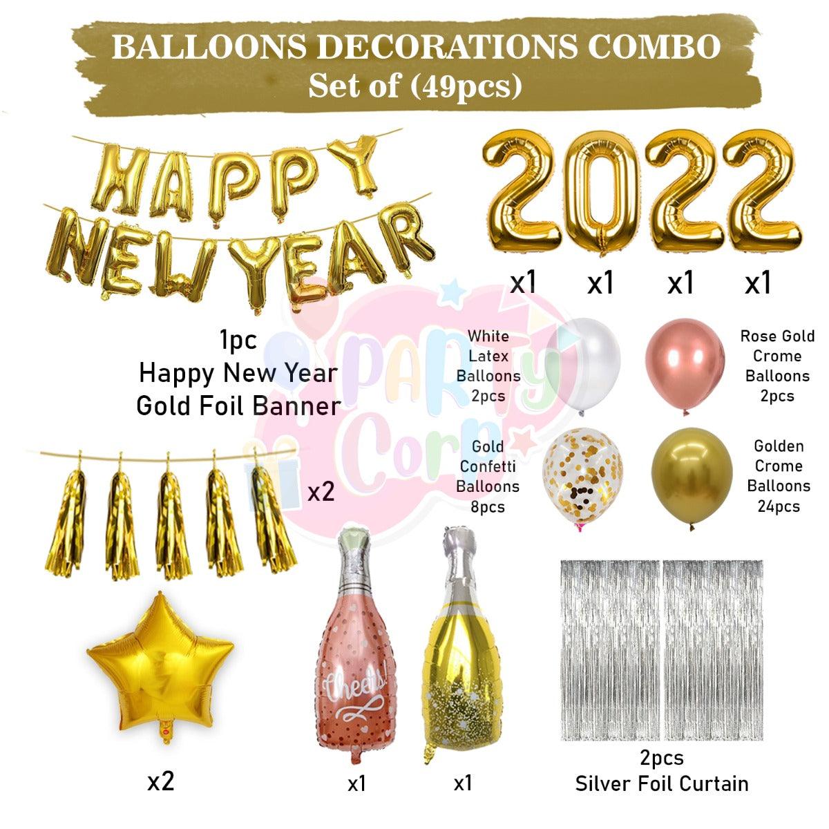 PartyCorp New Year Decoration Kit Combo 49 Pcs - Gold, Rose Gold, White, Gold Confetti Chrome Balloon, Gold HNY Banner, Silver Curtain, Gold Tassels, (Gold Star,2022 Digit,Wine,Champagne Bottle) Foils
