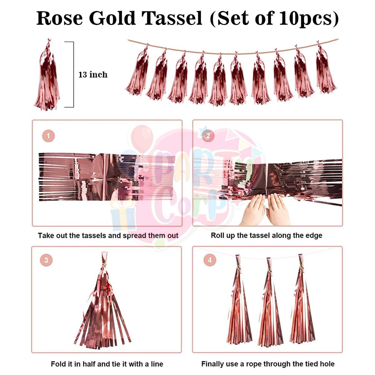 PartyCorp New Year Decoration Kit Combo 49 Pcs - Rose Gold, Gold, White Chrome, Confetti Balloon, Gold HNY Banner, Silver Curtain, Tassel, (Rose Gold Star, 2022 Digit, Wine and Champagne Bottle) Foils