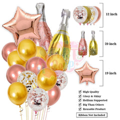 PartyCorp New Year Decoration Kit Combo 49 Pcs - Rose Gold, Gold, White Chrome, Confetti Balloon, Gold HNY Banner, Silver Curtain, Tassel, (Rose Gold Star, 2022 Digit, Wine and Champagne Bottle) Foils