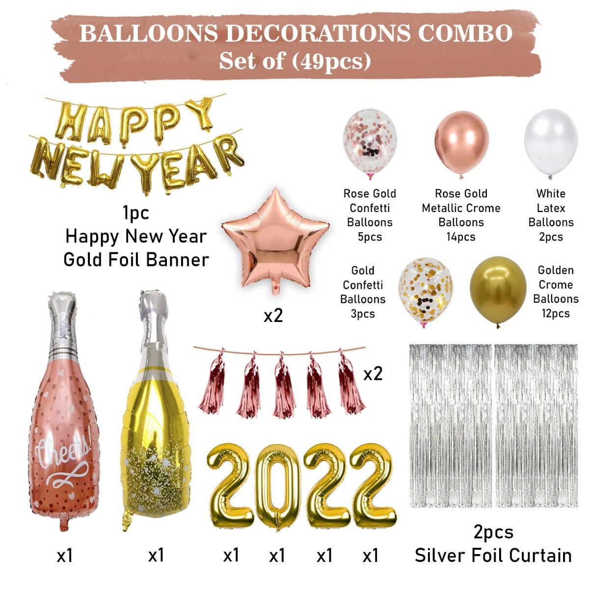 PartyCorp New Year Decoration Kit Combo 49 Pcs - Rose Gold, Gold, White Chrome, Confetti Balloon, Gold HNY Banner, Silver Curtain, Tassel, (Rose Gold Star, 2022 Digit, Wine and Champagne Bottle) Foils