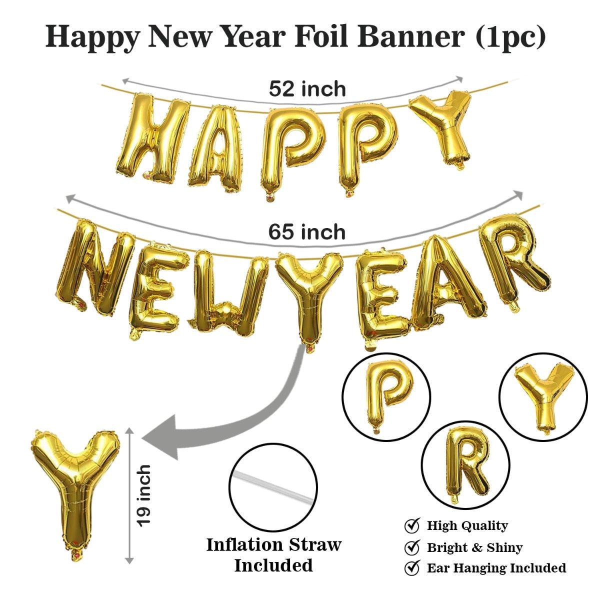 PartyCorp New Year Decoration Kit Combo 49 Pcs - Rose Gold, Gold, White Chrome, Confetti Balloon, Gold HNY Banner, Silver Curtain, Tassel, (Rose Gold Star, 2022 Digit, Wine and Champagne Bottle) Foils