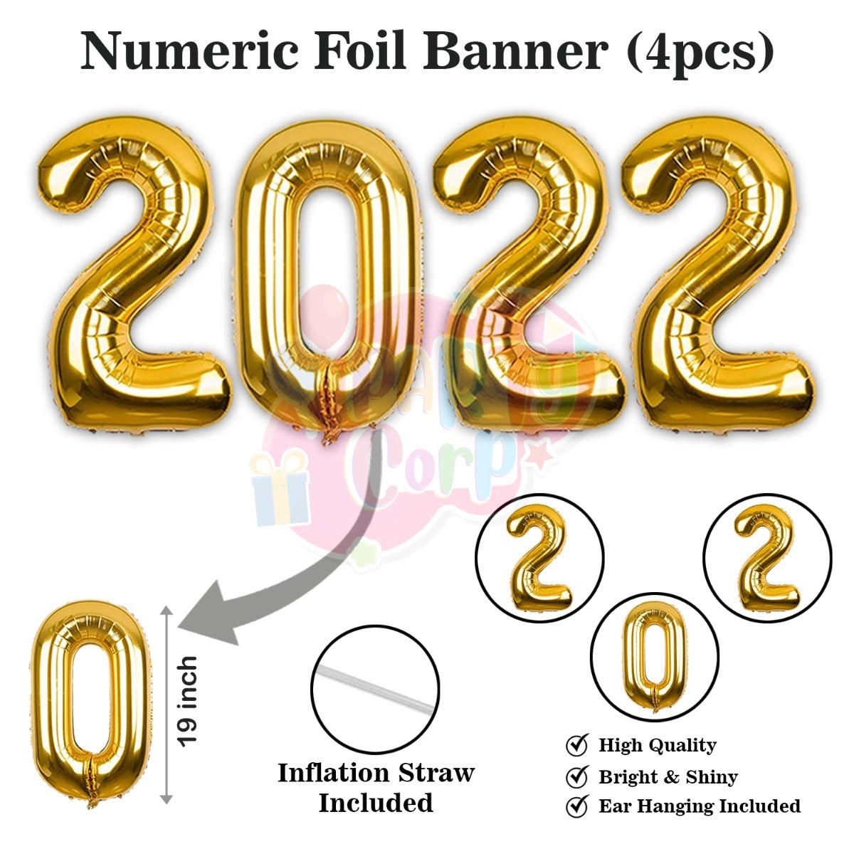 PartyCorp New Year Decoration Kit Combo 49 Pcs - Rose Gold, Gold, White Chrome, Confetti Balloon, Gold HNY Banner, Silver Curtain, Tassel, (Rose Gold Star, 2022 Digit, Wine and Champagne Bottle) Foils