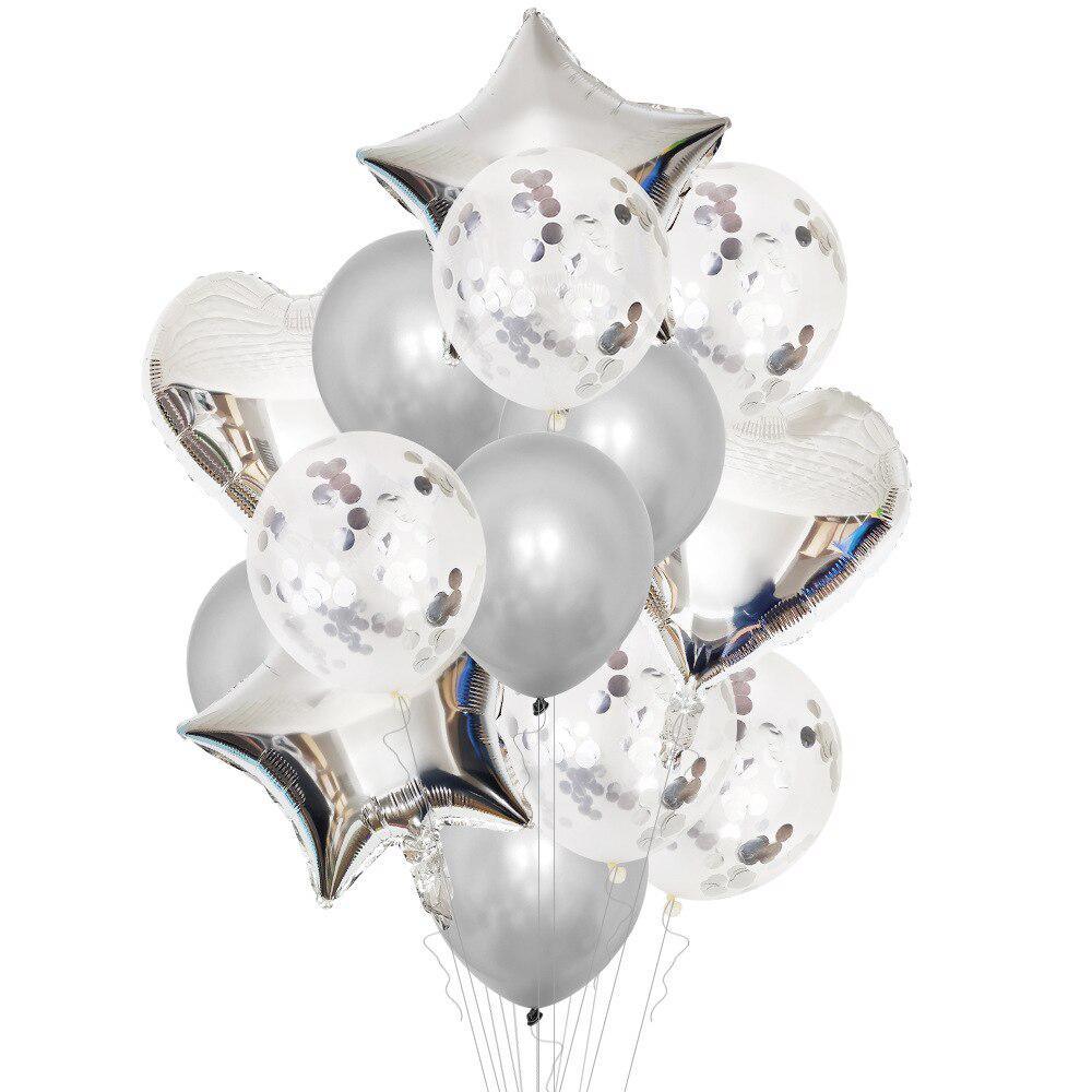PartyCorp Silver and White Stars, Heart and Confetti Balloon Bouquet, Decoration Set, DIY Pack of 14