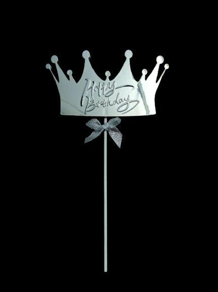PartyCorp Silver Crown Shaped Happy Birthday Cake Topper, 1 piece