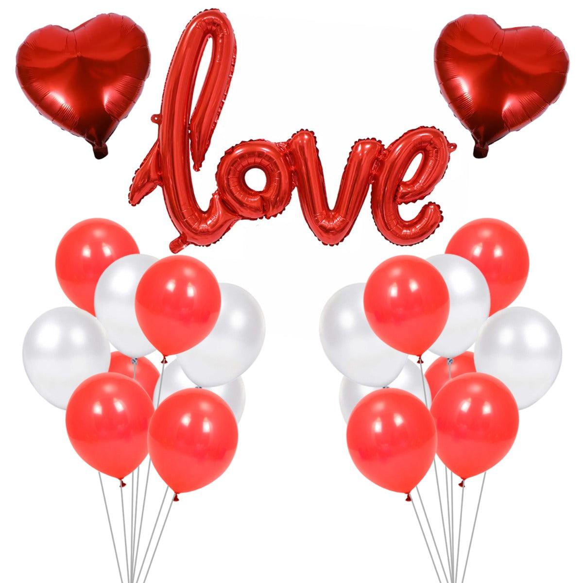 PartyCorp Valentines, Anniversary, Heart Decoration Kit Combo 24 Pcs - Red & White Latex Balloon, Red Heart Foil, Love Foil Banner