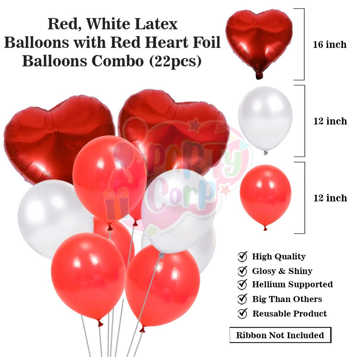PartyCorp Valentines, Anniversary, Heart Decoration Kit Combo 24 Pcs - Red & White Latex Balloon, Red Heart Foil, Love Foil Banner