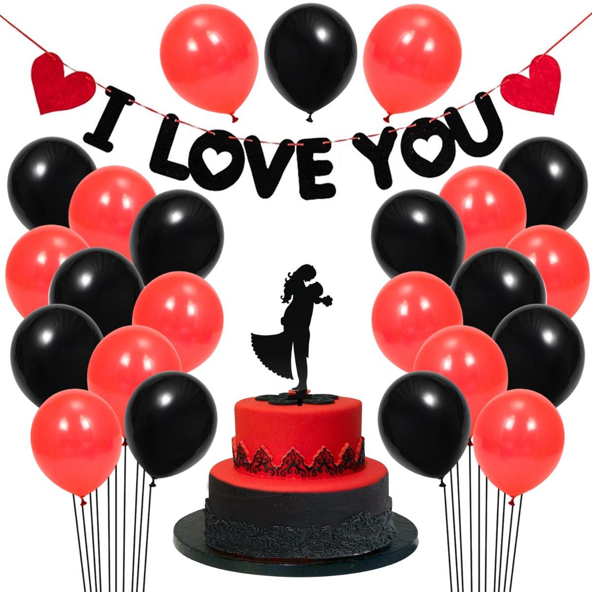 PartyCorp Valentines, Anniversary, Heart Decoration Kit Combo 27 Pcs - Red & Black Latex Balloon, I Love You Banner, Couple Love Cake Topper