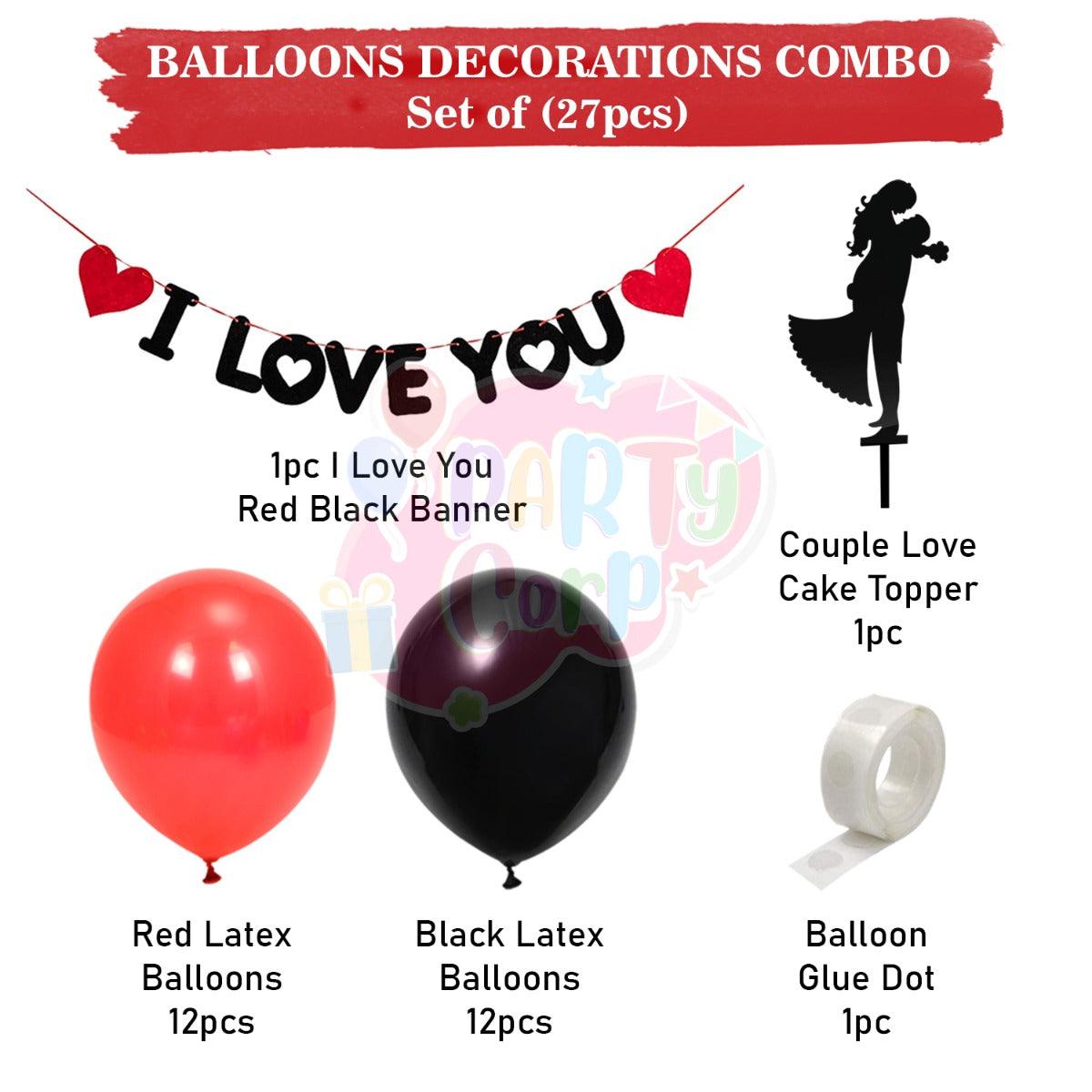 PartyCorp Valentines, Anniversary, Heart Decoration Kit Combo 27 Pcs - Red & Black Latex Balloon, I Love You Banner, Couple Love Cake Topper