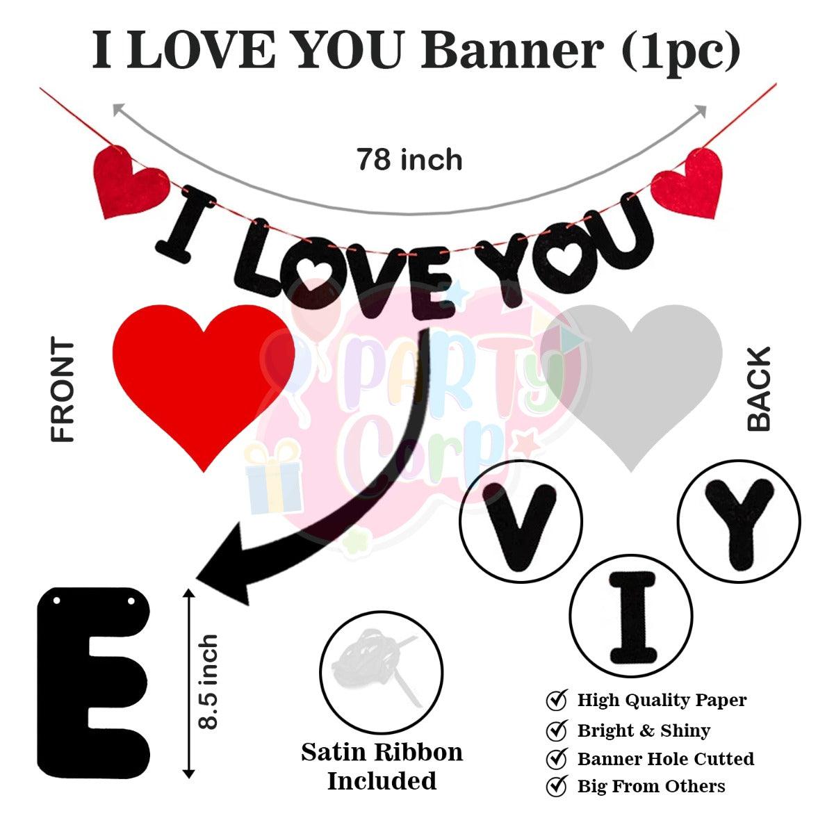 PartyCorp Valentines, Anniversary, Heart Decoration Kit Combo 27 Pcs - Red & Black Latex Balloon, I Love You Banner, Couple Love Cake Topper