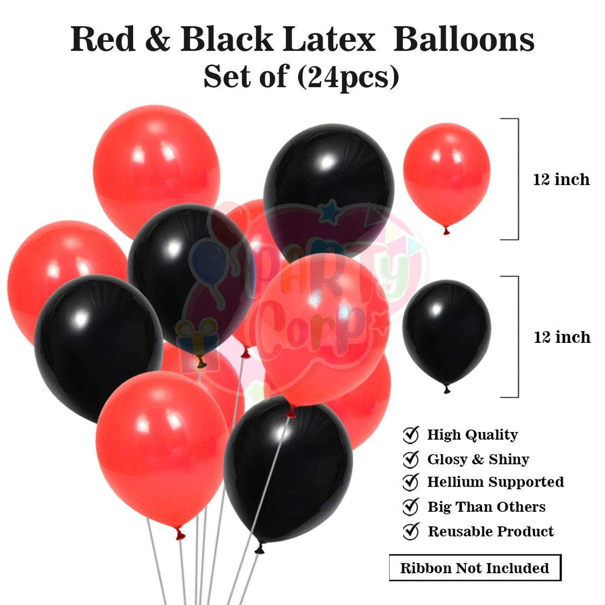 PartyCorp Valentines, Anniversary, Heart Decoration Kit Combo 27 Pcs - Red & Black Latex Balloon, I Love You Banner, Couple Love Cake Topper