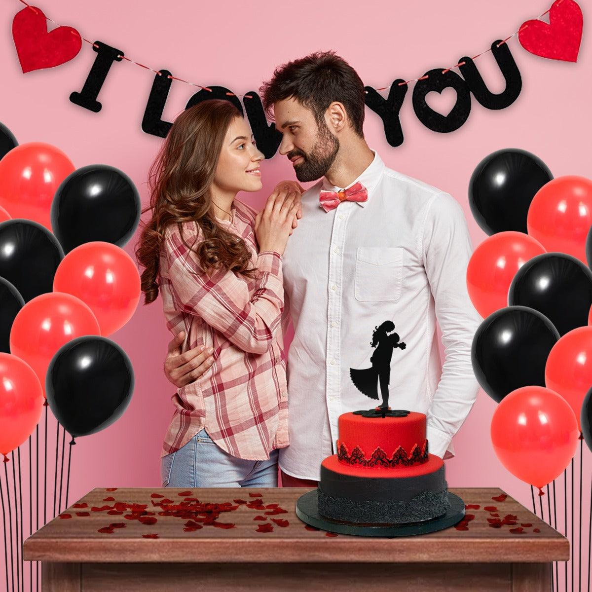 PartyCorp Valentines, Anniversary, Heart Decoration Kit Combo 27 Pcs - Red & Black Latex Balloon, I Love You Banner, Couple Love Cake Topper