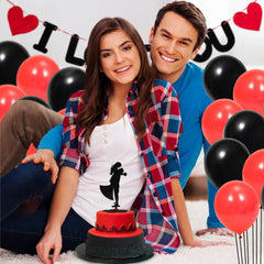PartyCorp Valentines, Anniversary, Heart Decoration Kit Combo 27 Pcs - Red & Black Latex Balloon, I Love You Banner, Couple Love Cake Topper