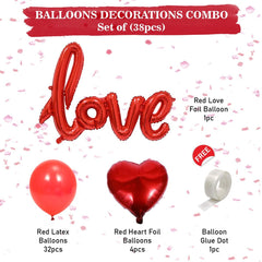 PartyCorp Valentines, Anniversary, Heart Decoration Kit Combo 38 Pcs - Red Latex Balloon, Red Heart Foil, Love Foil Banner