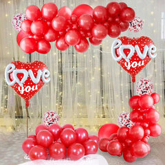 PartyCorp Valentines, Anniversary, Heart Decoration Kit Combo 49 Pcs - Red Latex & Confetti Balloon, 3D Love You Heart Foil