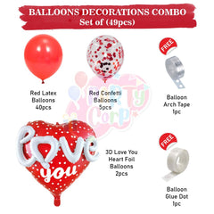 PartyCorp Valentines, Anniversary, Heart Decoration Kit Combo 49 Pcs - Red Latex & Confetti Balloon, 3D Love You Heart Foil