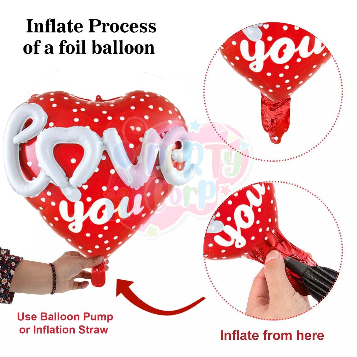 PartyCorp Valentines, Anniversary, Heart Decoration Kit Combo 49 Pcs - Red Latex & Confetti Balloon, 3D Love You Heart Foil