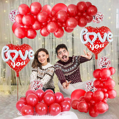 PartyCorp Valentines, Anniversary, Heart Decoration Kit Combo 49 Pcs - Red Latex & Confetti Balloon, 3D Love You Heart Foil