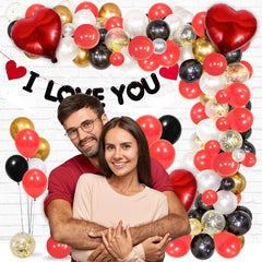PartyCorp Valentines, Anniversary, Heart Decoration Kit Combo 108 Pcs - Gold Chrome, Red, Black, White Latex & Gold Confetti Balloons, Red Heart Foil, I Love You Letter Banner