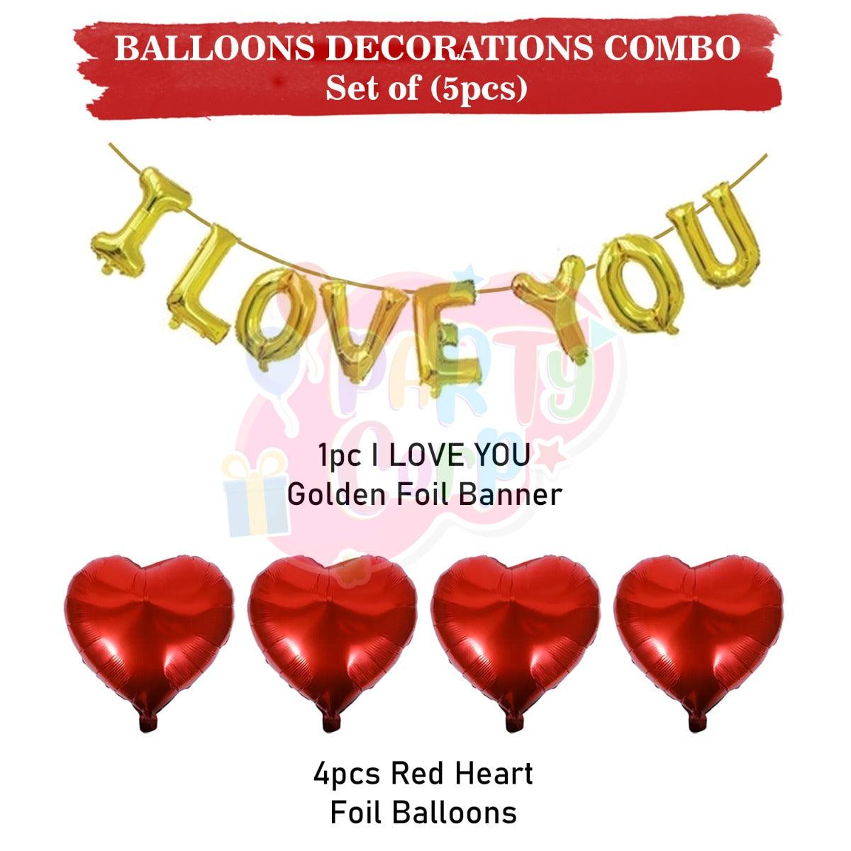 PartyCorp Valentines, Anniversary, Heart Decoration Kit Combo 5 Pcs - Gold I Love You Banner, Red Heart Foil
