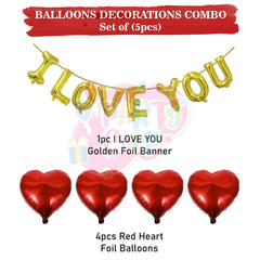 PartyCorp Valentines, Anniversary, Heart Decoration Kit Combo 5 Pcs - Gold I Love You Banner, Red Heart Foil