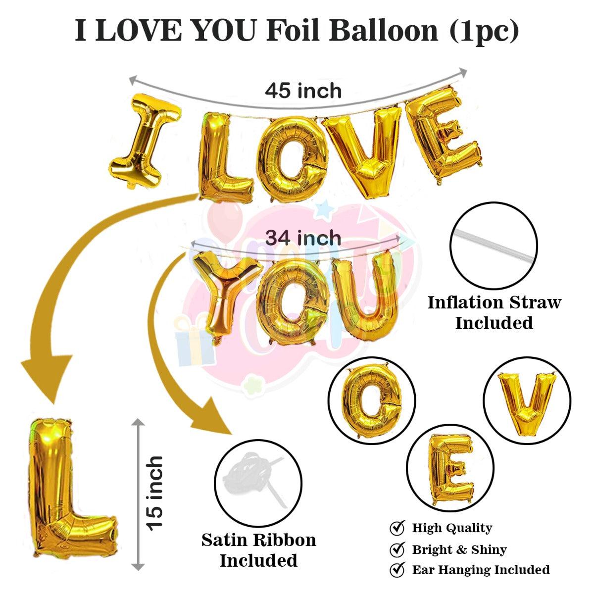 PartyCorp Valentines, Anniversary, Heart Decoration Kit Combo 5 Pcs - Gold I Love You Banner, Red Heart Foil