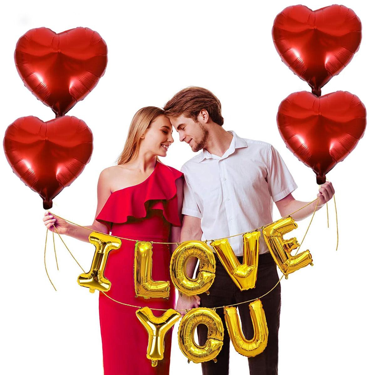 PartyCorp Valentines, Anniversary, Heart Decoration Kit Combo 5 Pcs - Gold I Love You Banner, Red Heart Foil