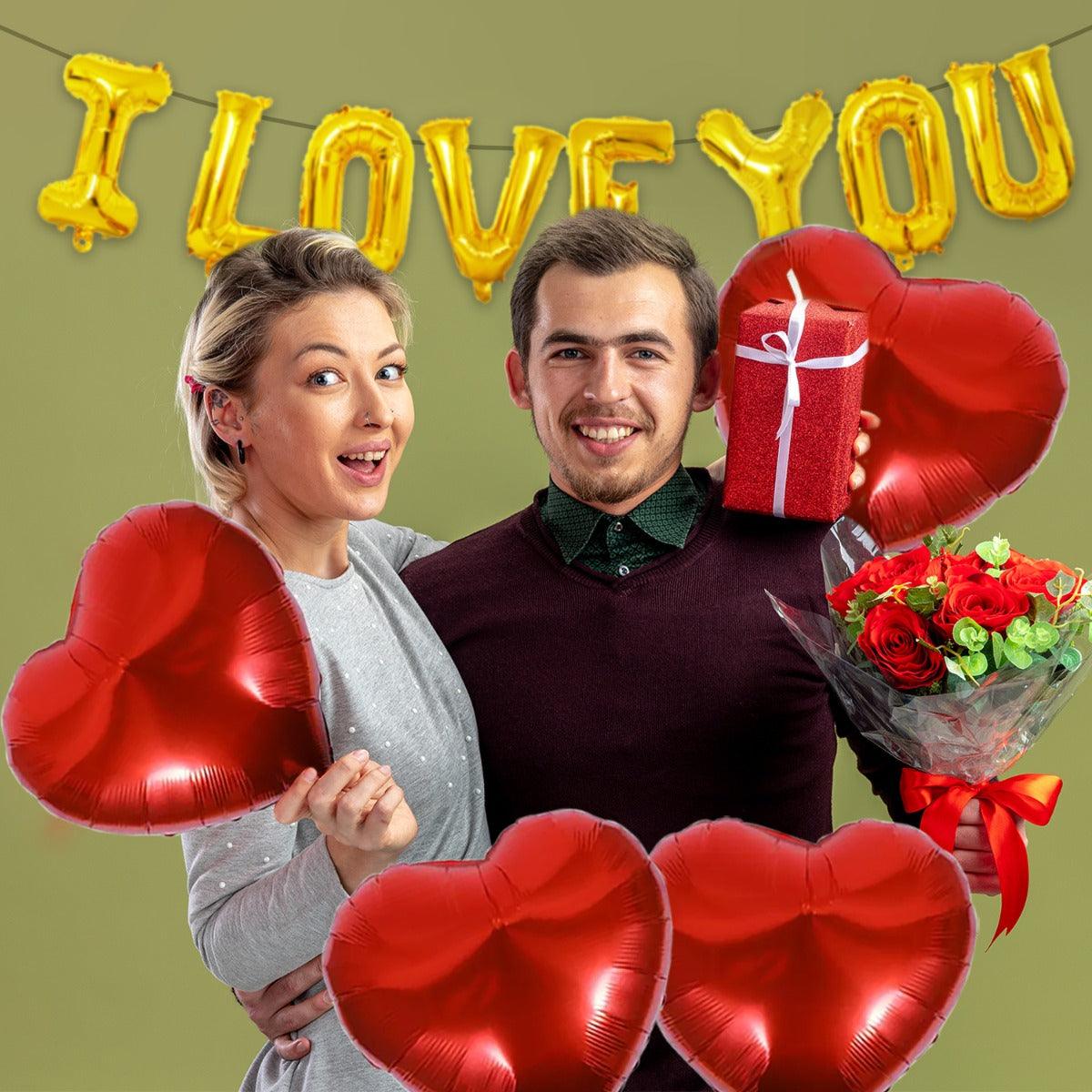 PartyCorp Valentines, Anniversary, Heart Decoration Kit Combo 5 Pcs - Gold I Love You Banner, Red Heart Foil