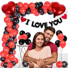 PartyCorp Valentines, Anniversary, Heart Decoration Kit Combo 77 Pcs -Red & Black Latex Balloon, Red Heart Foil, I Love You Banner