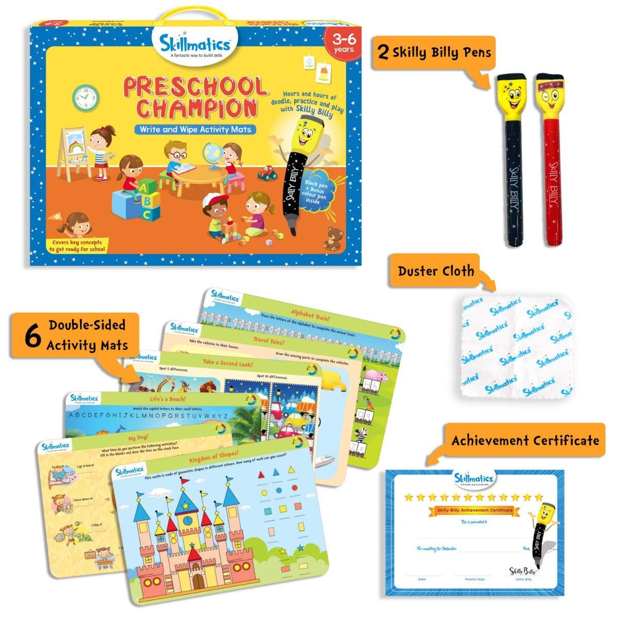 Skillmatics Educational Game: Preschool Champion (3-6 Years) | Creative Fun Activities and Games for Kids | Erasable and Reusable Mats